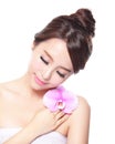 Beautiful face with pink orchids Royalty Free Stock Photo