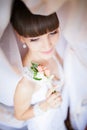 Beautiful Face of Young Blond Bride Woman. Beauty Morning Portrait.Girl Look in Window.Bridal Veil. Curtains Royalty Free Stock Photo