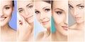 Beautiful face of young and healthy girl in collage collection. Plastic surgery, skin care, cosmetics and face lifting Royalty Free Stock Photo