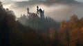 Beautiful fairy castle in misty mountains, AI generative