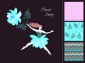 Beautiful fairy girl with blue flower. Card and set of seamless patterns in summer colors.
