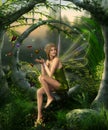 Beautiful Fairy Girl Playing with Butterflies in an Enchanting Fantasy Forest