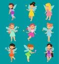 Beautiful fairy princesses vector fairy wings fly character magic wand set. Collection of cartoon fairies characters