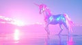 Beautiful fairy sparkling iridescent surreal unicorn standing against pastel rainbow colors sunset. Y2k aesthetic