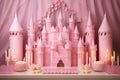 Beautiful fairy tale castle with candles on shelf in room, closeup, A magnificent castle setting for a princess-themed birthday Royalty Free Stock Photo