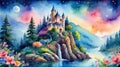 The beautiful fairy tale castle on the cliff surrounded by lake and flower blooming, watercolor painting style. Royalty Free Stock Photo