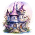 Beautiful fairy tale castle. Watercolor cartoon illustration Royalty Free Stock Photo
