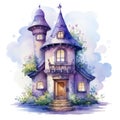 Beautiful fairy tale castle. Watercolor cartoon illustration Royalty Free Stock Photo