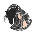 Fairy tale woman and horse art nouveau vector portrait