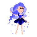 Beautiful fairy with wings, long hair and dress in sapphire colors flying surrounded by sparks Illustration
