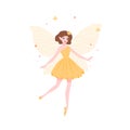 Beautiful fairy in yellow dress and with butterfly wings isolated on white background. Folkloric mythological magical