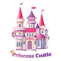 Beautiful fairytale castle for princess, magic kingdom. Vintage Palace. Wonderland. Isolated cartoon illustration for stickers. Royalty Free Stock Photo