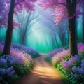 A beautiful fairytale enchanted forest with big trees and great Digital painting background