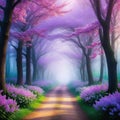 A beautiful fairytale enchanted forest with big trees and great Digital painting background