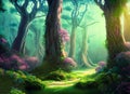 A beautiful fairytale enchanted forest with big trees and great vegetation Digital painting. Generative AI