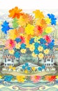 Beautiful fairytale landscape with houses and trees from big colorful flowers. Seamless pattern. Perfect design for kids room Royalty Free Stock Photo