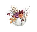 Watercolor white pumpkin,flowers and fall leaves bouquet. Floral autumn arrangement, isolated on white background. Royalty Free Stock Photo