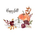 Beautiful fall floral arrangement with orange and white pumpkins, leaves, flowers. Watercolor hand painted autumn illustration Royalty Free Stock Photo