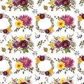 Beautiful fall floral seamless pattern. Watercolor orange, yellow, red, purple autumn flowers, foliage, leaves and berries Royalty Free Stock Photo