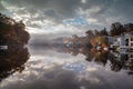 Clouds and Fog on Lake Anne in Reston Virginia