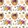 Autumn pumpkin arrangement seamless pattern. Fall floral print with watercolor pumpkins, leaves, flowers on white background Royalty Free Stock Photo