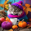 Cozy autumn still life with cats, pumpkins, sunflowers and coffee cup on grunge wooden table