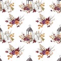 Beautiful fall seamless pattern with white pumpkins, burgundy flowers, decorative wreath, lantern, leaves and berries Royalty Free Stock Photo