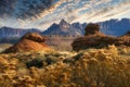 Beautiful Fall Sunset in Southern Utah Canyon Country. Multi-colored sandstone rock formations in the foreground Royalty Free Stock Photo