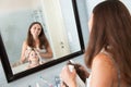 Beautiful family caucasian mother woman dry off her little boy hair in bathroom look at mirror with smile Royalty Free Stock Photo