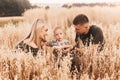 Beautiful family parents and a little son in a wheat field. Mom, Dad and Baby Together. Happy family, parents hugs their little Royalty Free Stock Photo