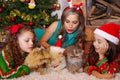 Beautiful family wearing a christmas clothes, hugging her cats, the curly girl with a red tie in her hair while the Royalty Free Stock Photo