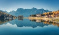 Beautiful famous Misurina lake at sunset in autumn