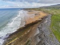 Beautiful Fanore beach, county Clare, Ireland. Aerial view. Blue Atlantic ocean water, yellow sand.