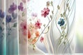 Beautiful fantastic flowers on a light morning window curtain background, ai generation