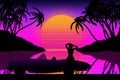 Fantastic sunset on the beach with palm trees and a big evening sun against the background of the starry sky and the silhouette of Royalty Free Stock Photo