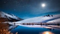 Fantastic winter landscape. Mountain lake at night in full moon light.AI Generated Royalty Free Stock Photo