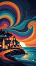 Beautiful and fantastically designed silhouettes of colorful village, houses and moon lited sky