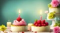 Beautiful fantasy birthday cakes with flowers, fruits and candles and copy space with a green background generative ai