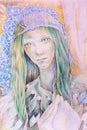 Beautiful fantasy drawing of a fairy woman forest queen with a pearl crown