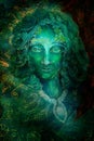 Beautiful fantasy emerald green fairy portrait, colorful close up painting, eye contact