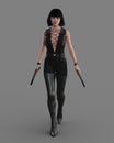 Beautiful fantasy female assassin walking with gun in each hand. 3D rendering isolated on grey backgorund