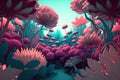 Beautiful fantasy flower garden with cyan pink floral nature color scheme in 3d art style created by generative AI