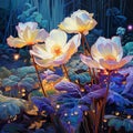 Beautiful fantasy flowers in the mystical glowing forest at night. Square digital painting, printable wall art