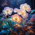 Beautiful fantasy glowing flowers in the mystical fairyland forest at night. Square digital painting, printable artwork