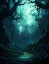 beautiful fantasy Gothic Enchanted dark night forest Background clipart illustration