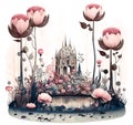 Beautiful fantasy landscape with castle, flowers and plants, calm soft colors, printable illustration Royalty Free Stock Photo