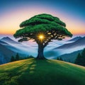 A beautiful fantasy landscape with a circular plant and a tree in the Royalty Free Stock Photo
