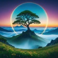 A beautiful fantasy landscape with a circular plant and a tree in the