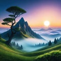 A beautiful fantasy landscape with a circular plant and a tree in the Royalty Free Stock Photo