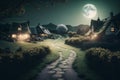 Beautiful fantasy landscape with fairytale village and moonlight. Generative AI Royalty Free Stock Photo